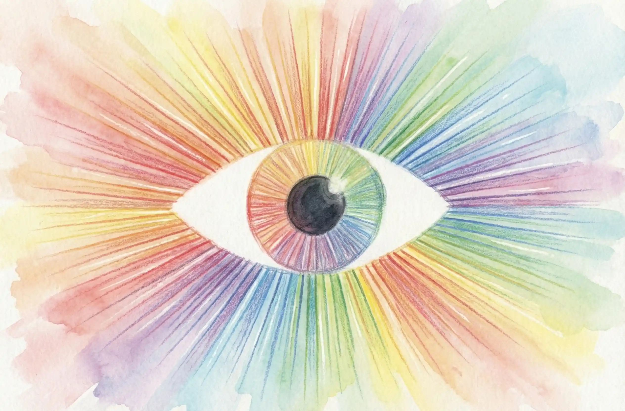 A watercolour illustration of a single eye in the center, with multicoloured rays radiating outward, reflecting the essence of Aesthetic Learning Design.