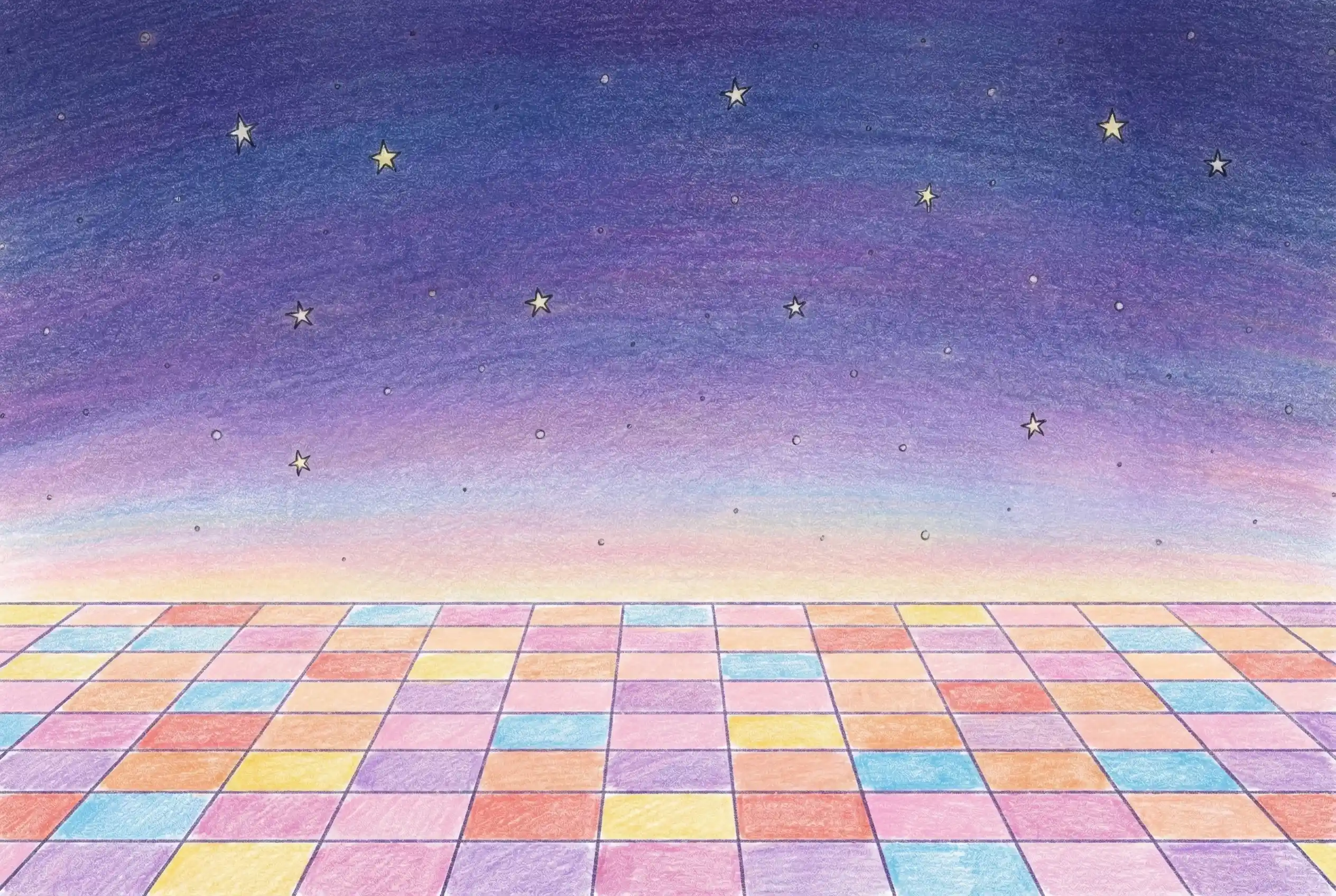 A colorful, checkered floor leads to a horizon with a gradient sky at dusk, dotted with stars—evoking the engaging spirit of gamification in elearning environments.