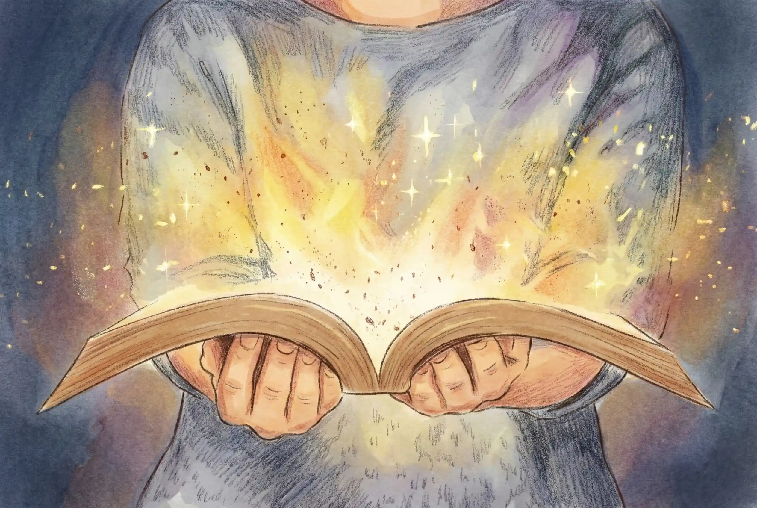 A person holds an open book emitting glowing light and sparkles, suggesting a sense of magic or wonder—perfectly capturing the enchantment of storytelling elearning.