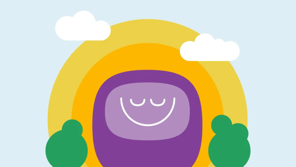 Illustration of a cheerful purple train with a smiling face, set against a bright sun, clouds, and green bushes for the V/Line How We Work module.