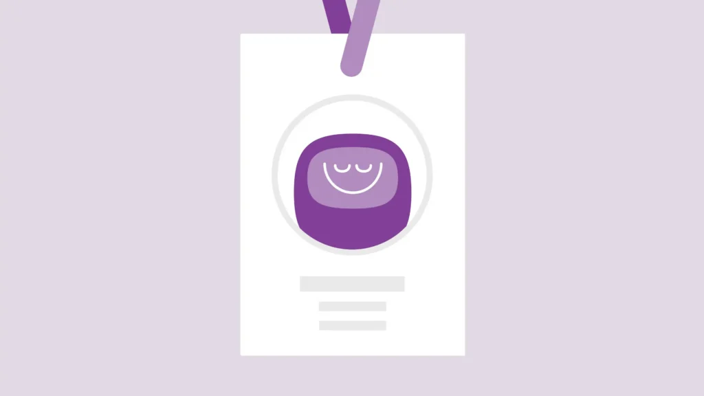 Illustration of an employee ID badge featuring the purple smiling train character, representing the 'other employment' section for the V/Line How We Work module.