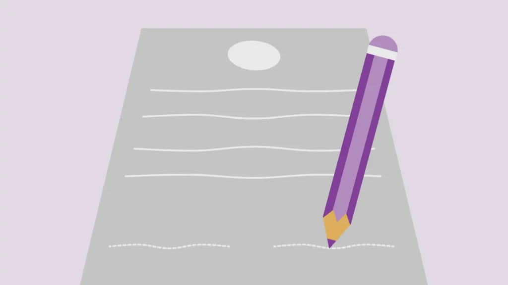 Illustration of a large purple pencil signing a document, representing the procurement process for the V/Line How We Work module.