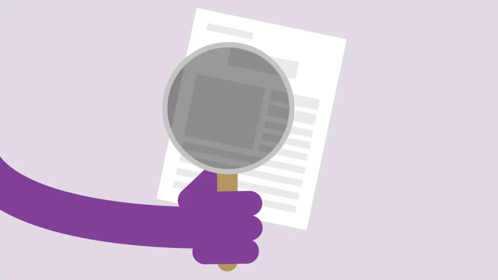 Illustration of a purple hand holding a magnifying glass over a document, representing the search and review process for the V/Line How We Work module.
