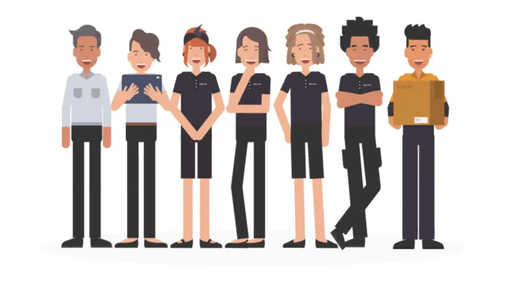 Illustration of seven people standing in a row, five team members wearing matching dark shirts and two managers wearing grey shirts, all smiling on a white background.