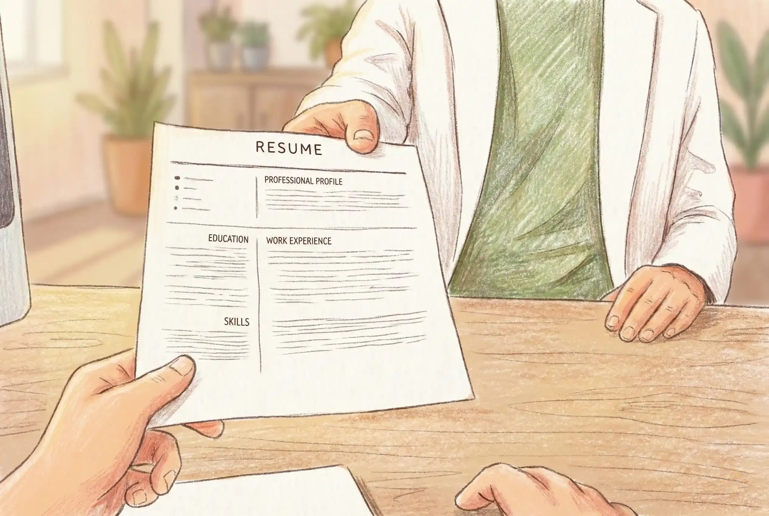 A person hands a resume to another individual across a desk during a meeting or interview, perhaps discussing roles like ID vs. LXD vs. eLearning Developer – Which One Are You?