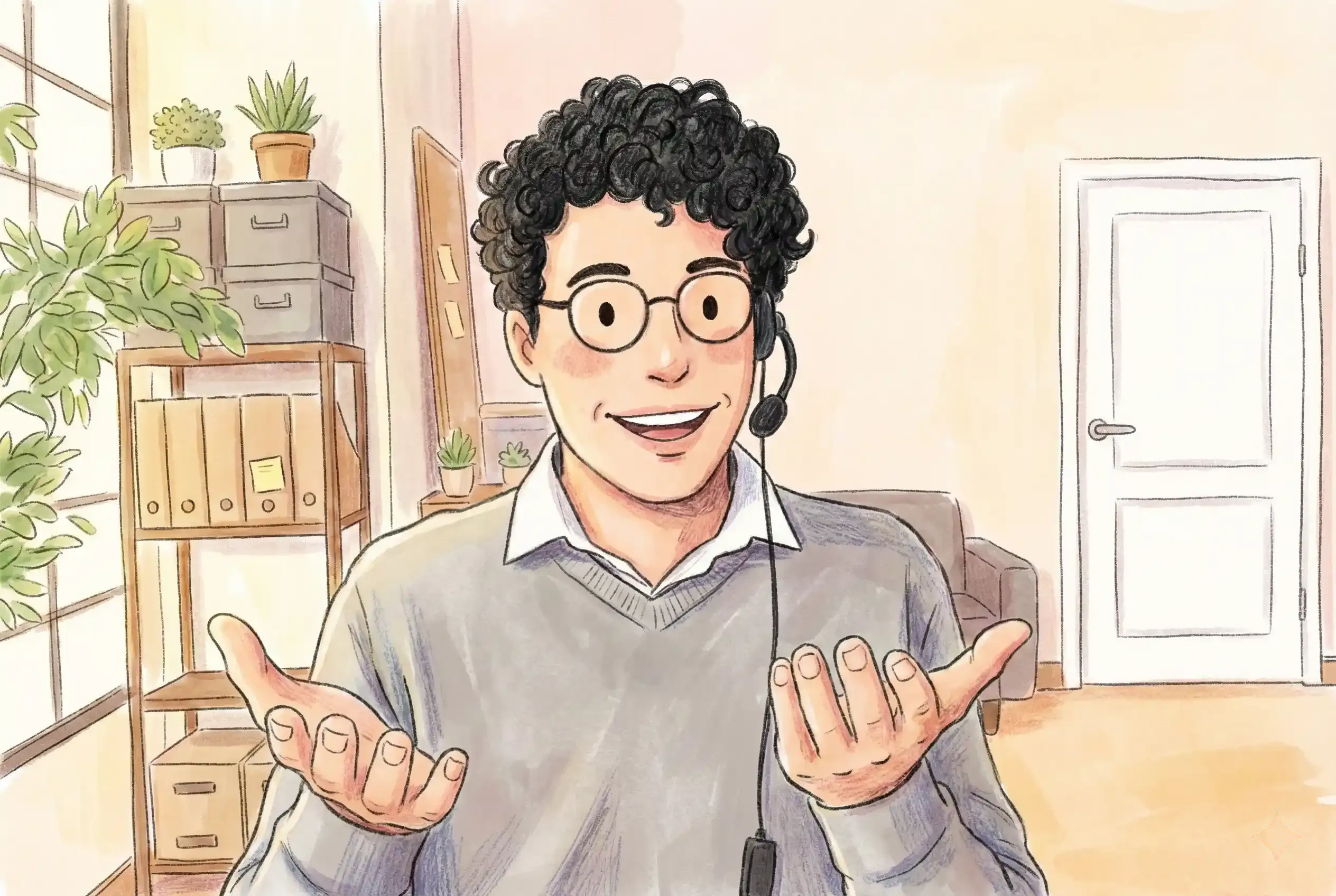 A person with curly hair, glasses, and a headset smiles while gesturing with open hands in a home office setting