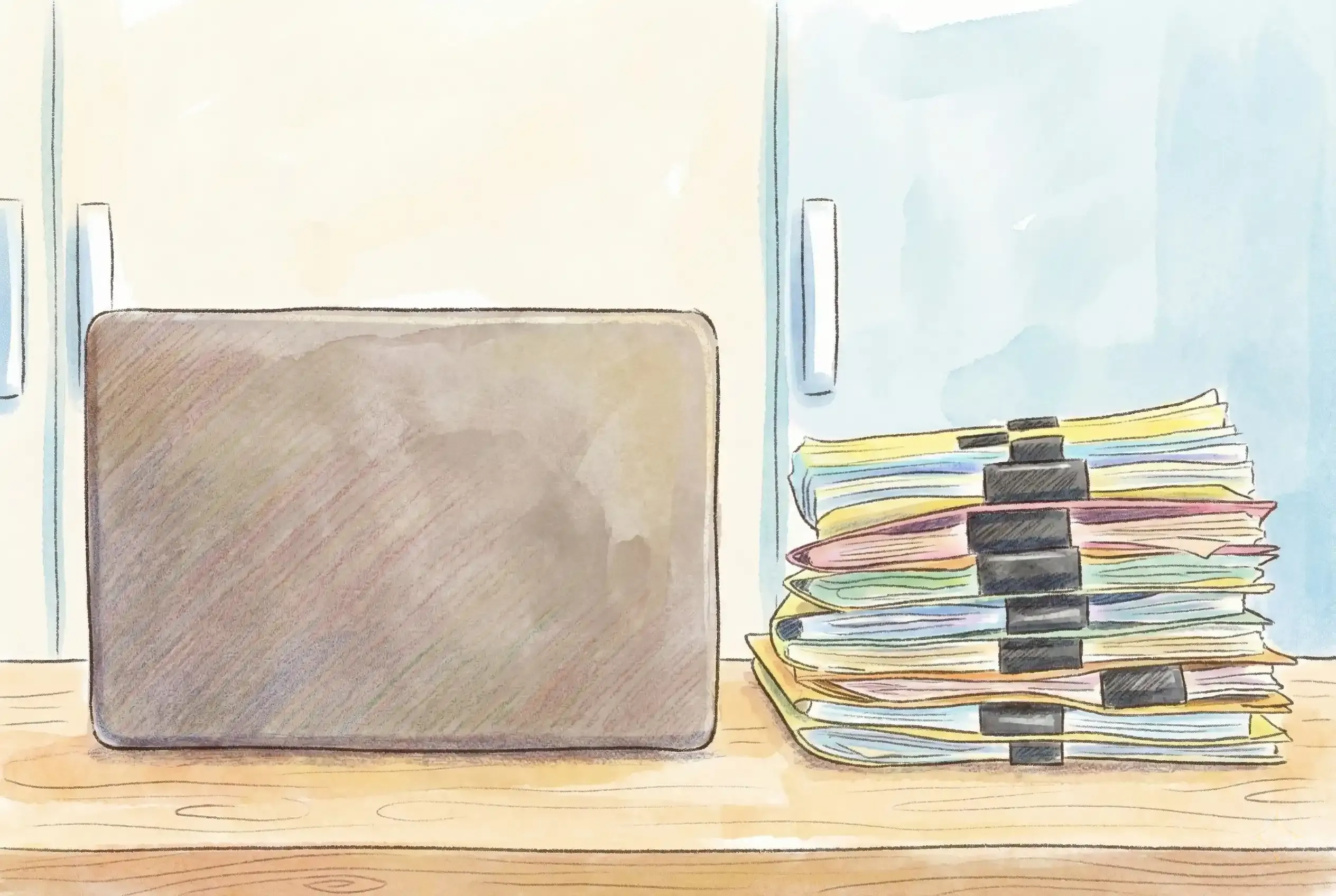 A closed laptop sits on a wooden desk next to a stack of colourful paper files held together with black binder clips.
