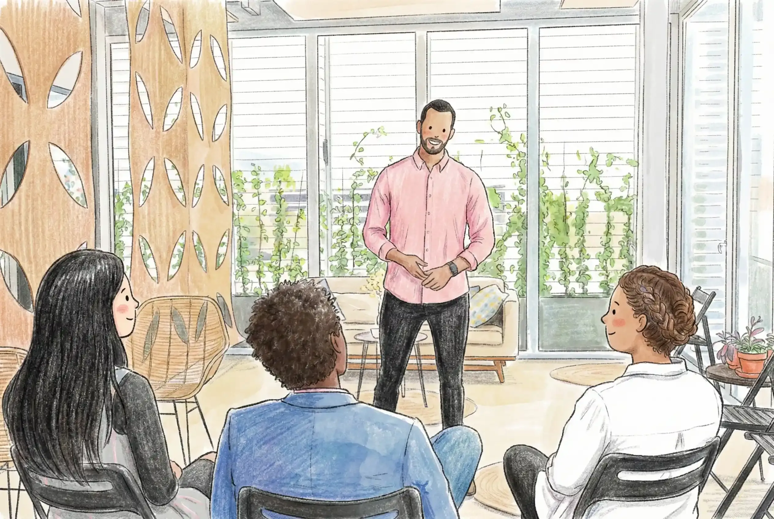 A man in a pink shirt stands and speaks to a small seated group in a modern room with large windows and indoor plants training staff vs eLearning.