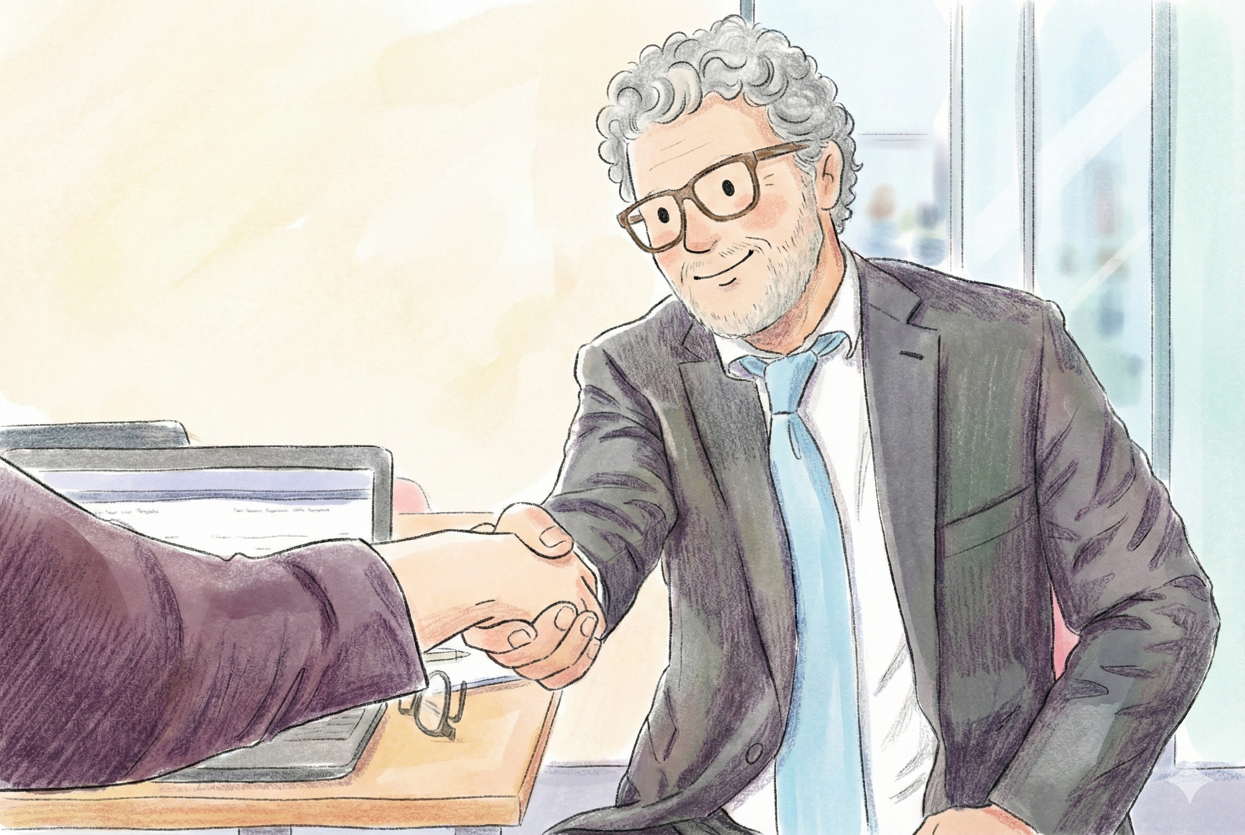 An older man in a suit and glasses smiles while shaking hands with another person across a desk with a laptop and papers, sealing an lms buying deal.
