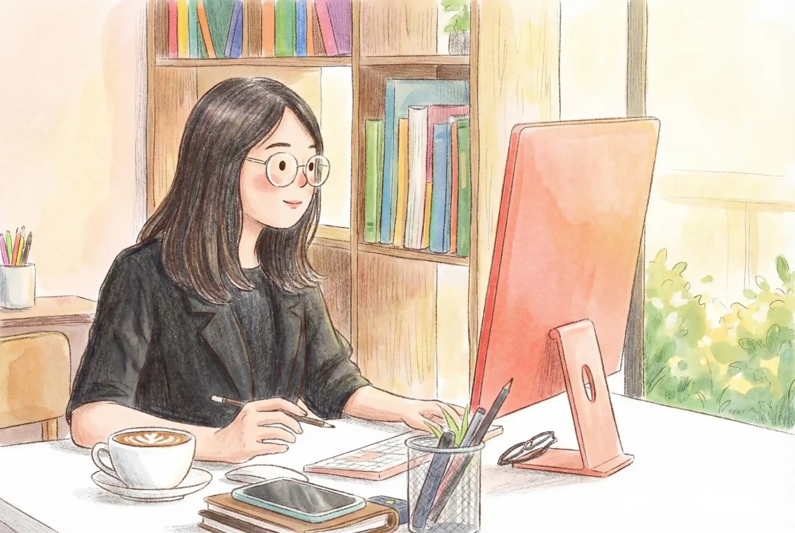 An illustration of a woman with glasses working at a desk with a computer, books, pens, a cup of coffee, and her phone beside her in a bright room with bookshelves.
