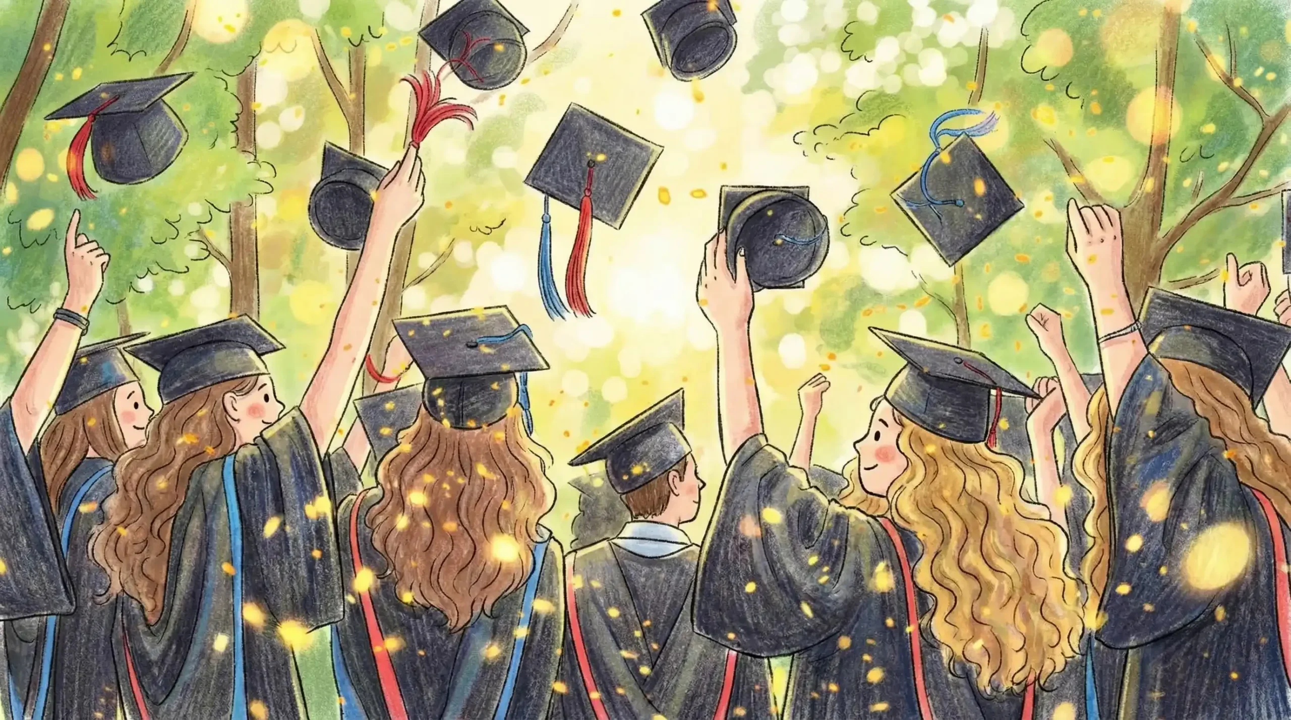 A group of graduates in caps and gowns toss their hats into the air outdoors, surrounded by trees and sunlight—raising the question: Do You Really Need a Degree to Be an eLearning Designer?