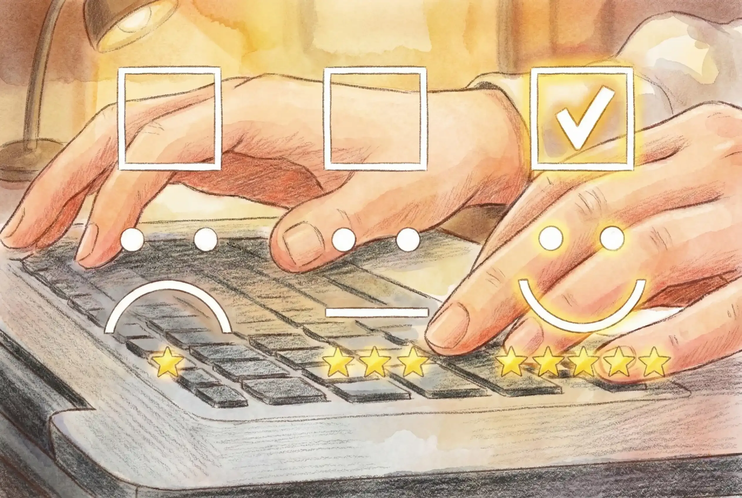 Hands typing on a keyboard with illustrated rating icons, including a sad face, neutral face, happy face, and five stars, suggesting an elearning feedback or survey process.