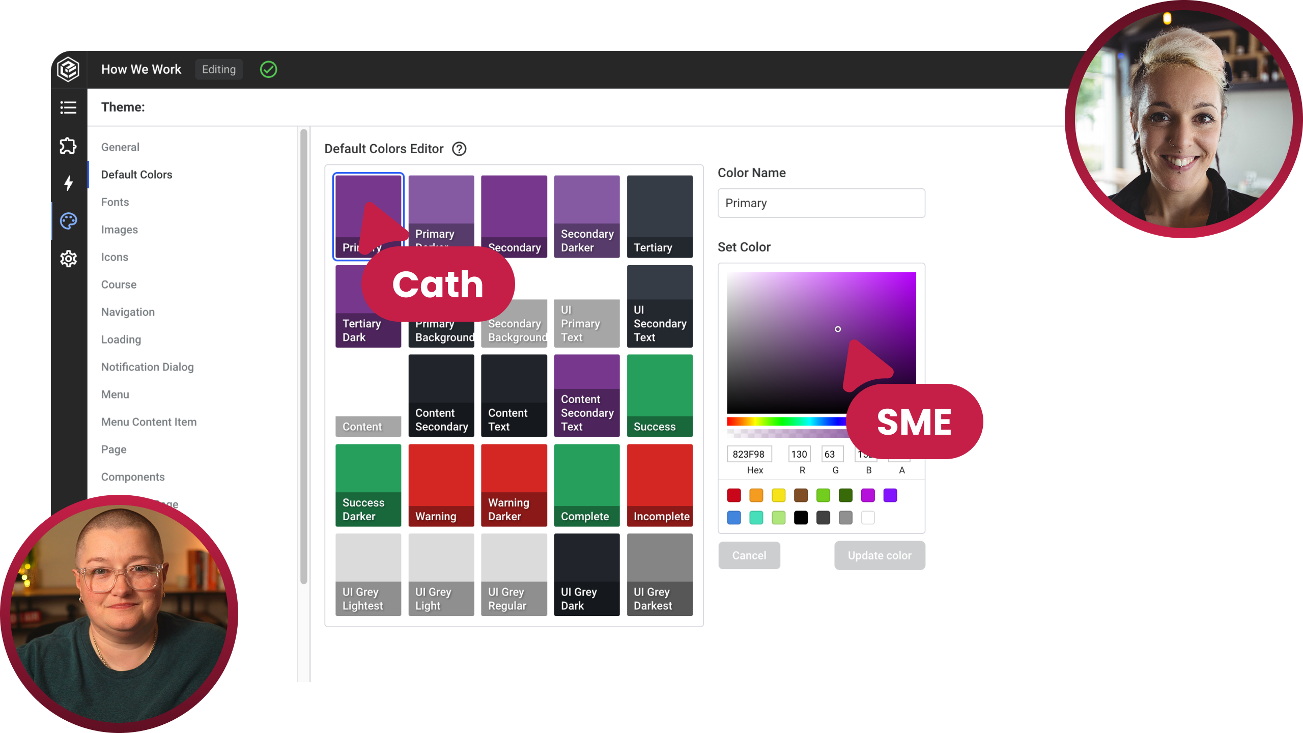 A graphic showing an eLearning authoring tool interface with headshots of Cath Ellis and a Subject Matter Expert, illustrating collaborative platform specialist support.