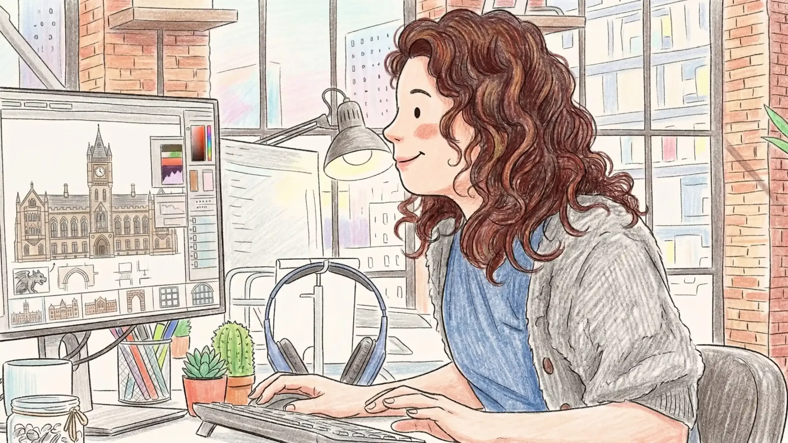 A illustration of a woman sat at her computer resizing images.